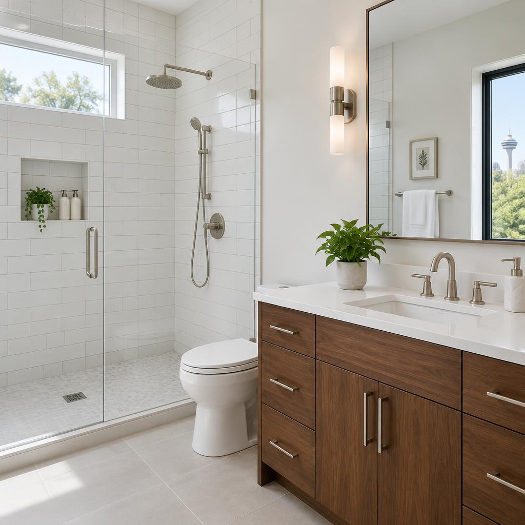 Contemporary bathroom with a walk-in shower and modern plumbing fixtures
