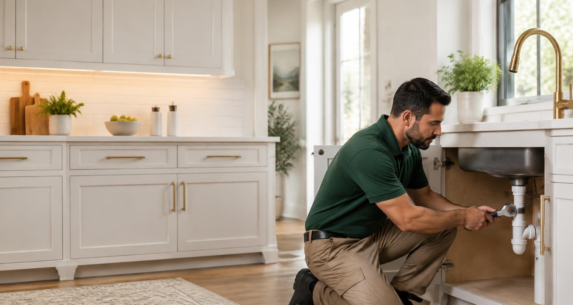 Plumber working on a kitchen sink in a bright modern home